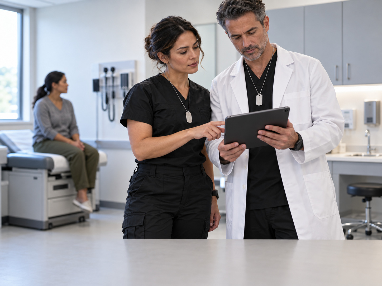 Clinician and physician reviewing results on a tablet