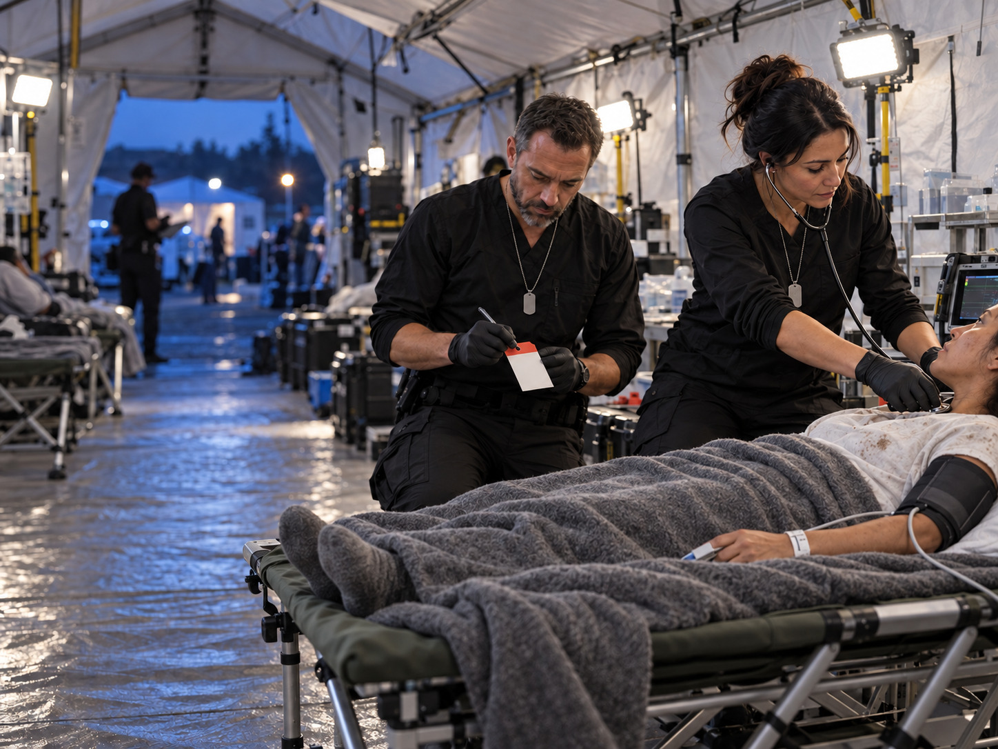 Clinicians triaging a patient in a field medical tent