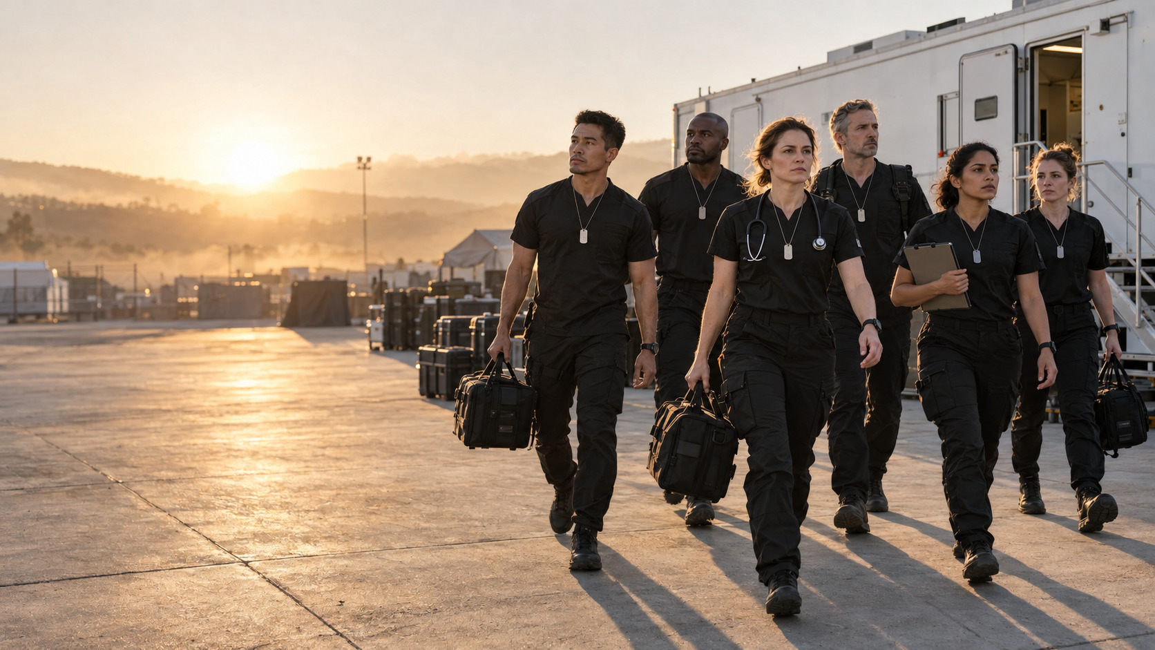 Medical team in black uniforms walking out to deploy at sunrise
