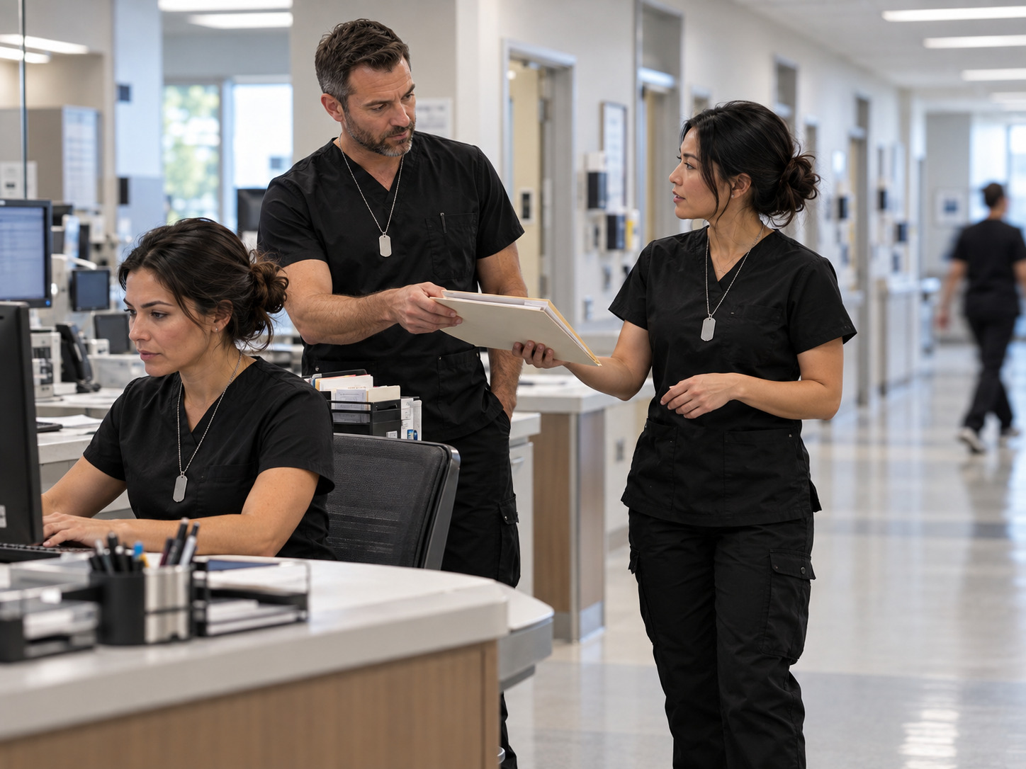 Staff coordinating case paperwork at a nurses' station