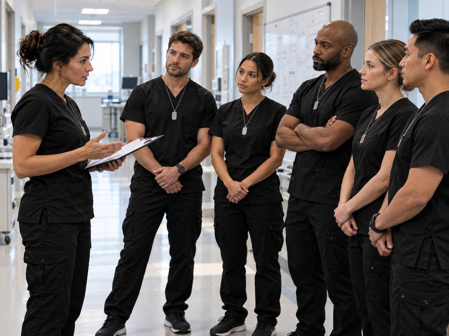 Charge nurse briefing clinical staff before a shift