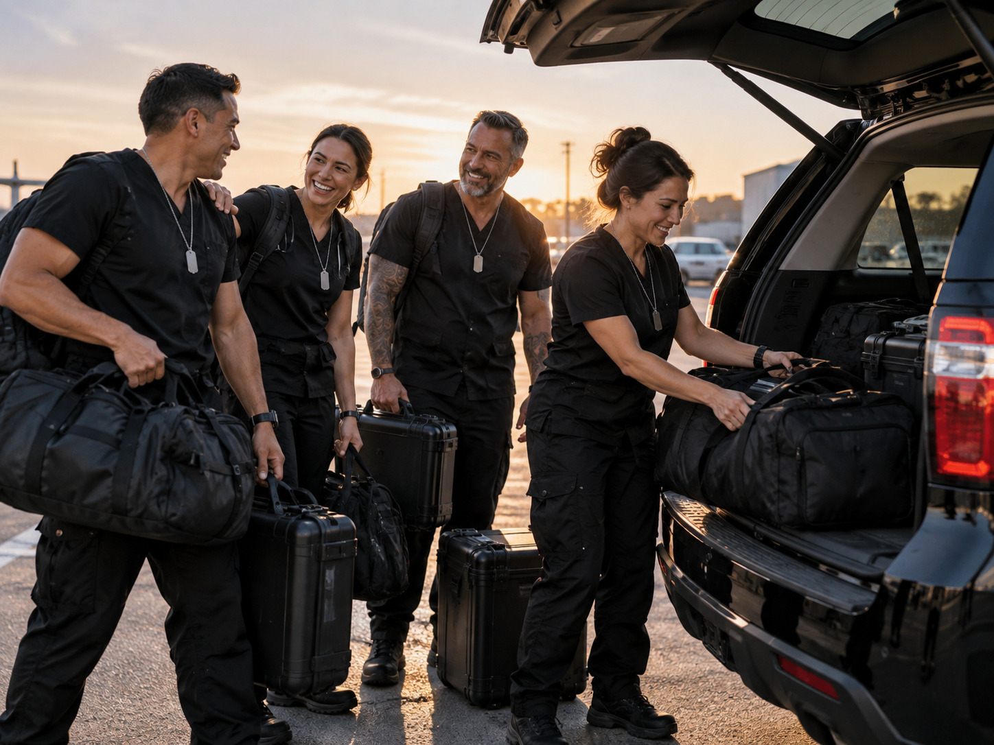 Clinical team loading deployment gear into a vehicle at sunrise