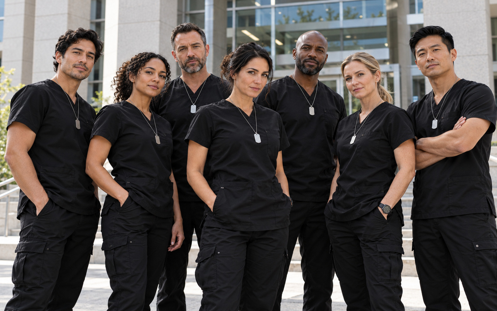 Clinical staff in black uniforms standing together outside a federal building